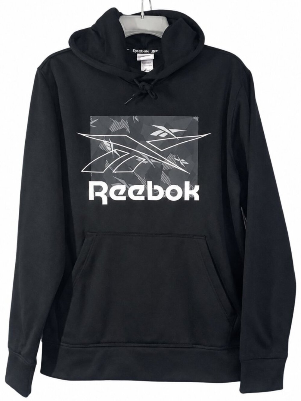 Small Mens Black Reebok Graphic Pullover Hoodie, Kangaroo Pocket Outdoor